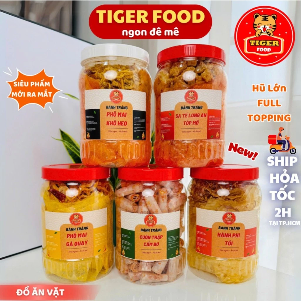 Bánh Tráng Trộn Mix Topping Hũ 300G TIGER FOOD Bánh tráng sa tế Long An tóp mỡ - Hành Phi - Phô Mai Gà Quay - đồ ăn vặt