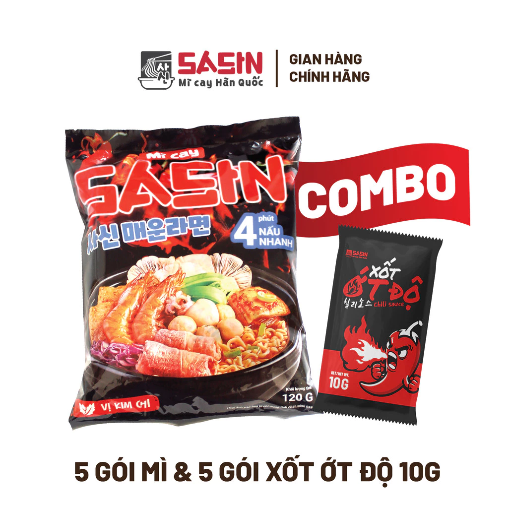 Combo 5 gói mì Sasin vị kim chi + 5 gói sốt ớt độ Sasin 10g BSET0103