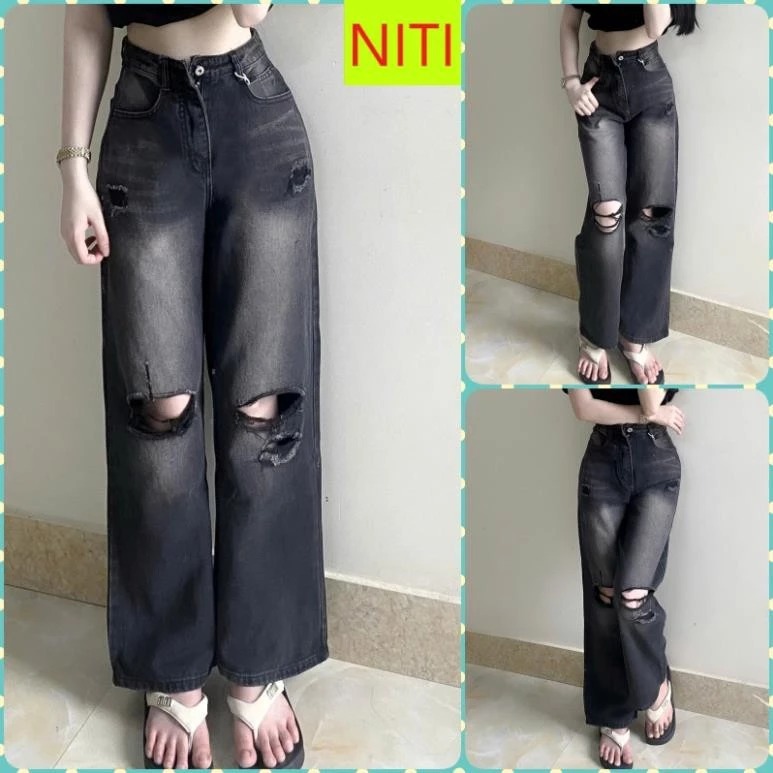 [ORTD5647QC] QUẦN JEANS ỐNG RỘNG NỮ LƯNG CAO RÁCH 2 MẢNG TO 2 MẢNG NHỎ MÀU XÁM ĐẬM LAI CUỐN TÔN DÁNG XỊN SÒ