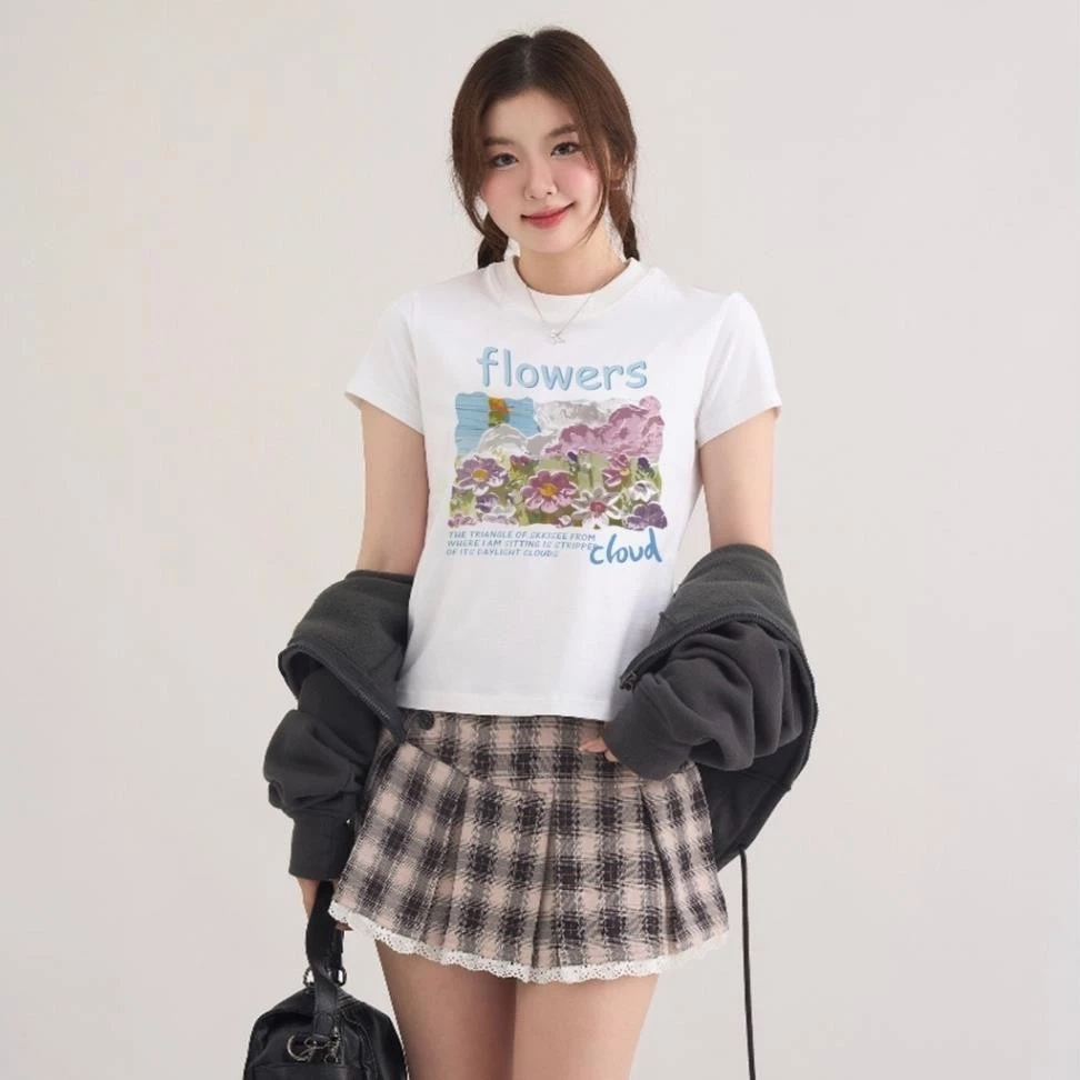 Áo Thun Baby Tee Nữ TaiducStore Cổ Tròn In Hình Flowers Cloud A51070