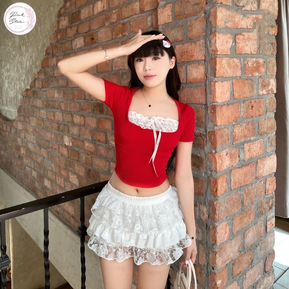 Áo Thun Nữ Tay Ngắn Cổ Vuông TaiducStore Phối Ren Cá Tính A51291