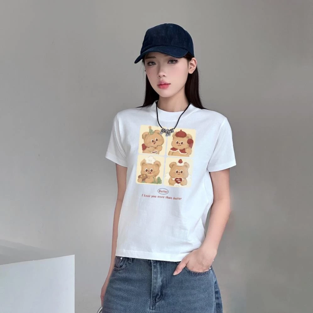 Áo Thun Baby Tee Nữ Tay Ngắn TaiducStore Cổ Tròn In Hình Gấu Butter A52004