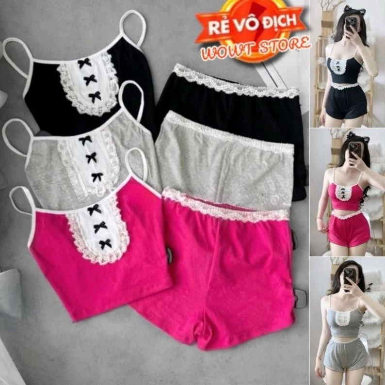 [ SB-337 ] Sét bộ nữ 2 món áo 2 dây phối màu kèm nơ và quần đùi lưng thun co dãn eo 58-75cm Free Size dưới 54kg