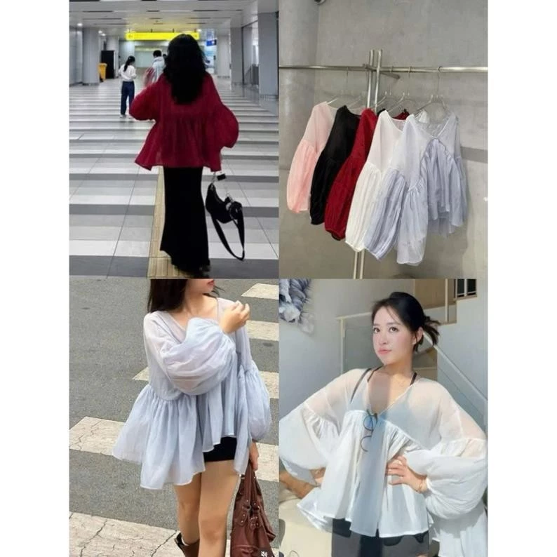 [ A-215 ] Áo babydoll tơ nến kèm áo ống tay dài bồng bềnh