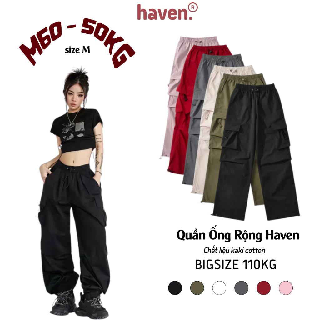 Quần túi hộp ống rộng nam nữ TDS kaki cotton,dây rút jogger bigsize màu đen