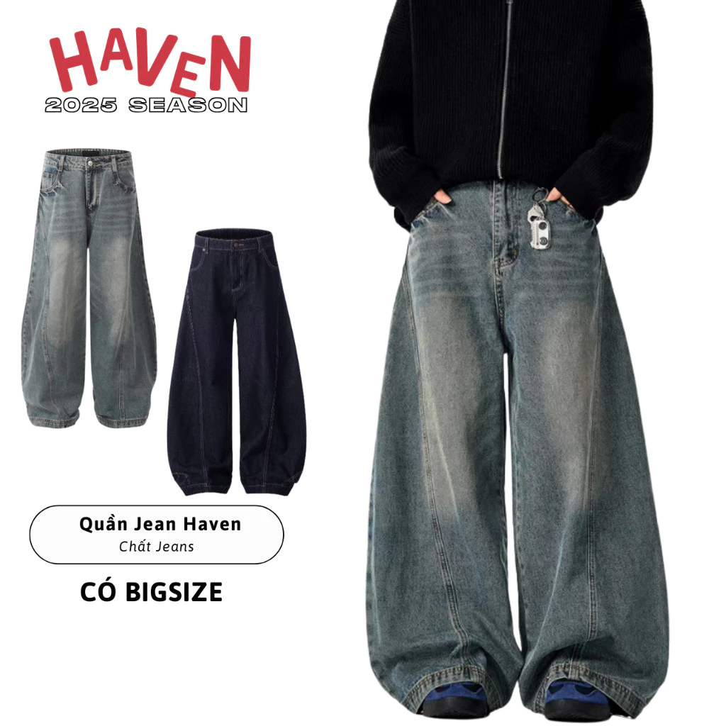 Quần jeans baggy nam nữ Cong-wave TDS Studio ống rộng màu xanh đen phong cách Retro