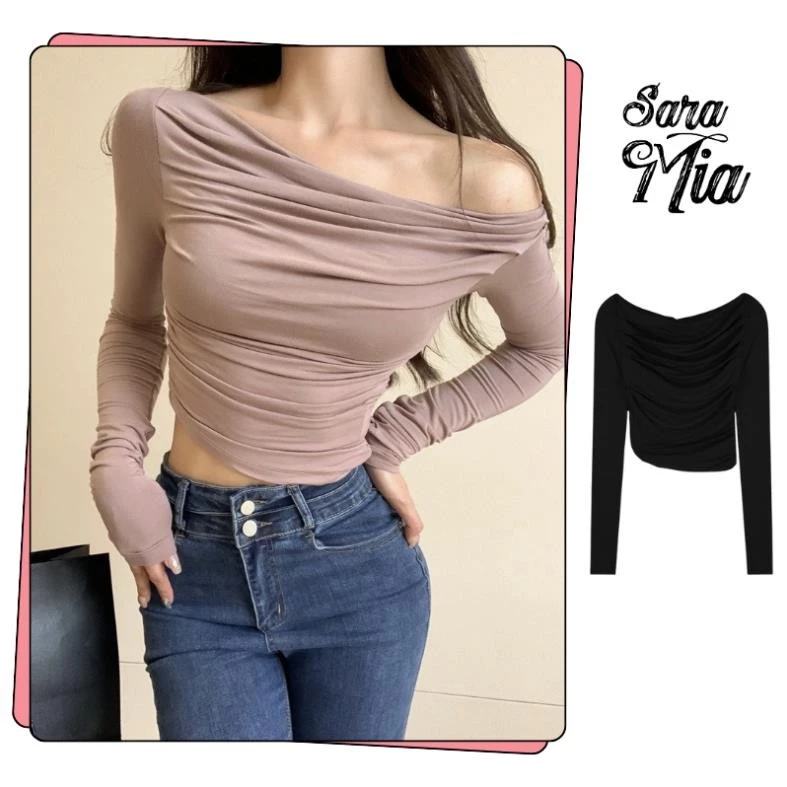 [XẢ KHO] Áo trễ vai nữ dài tay TDS vải cotton co giãn màu đen hồng mặc đi chơi Q12