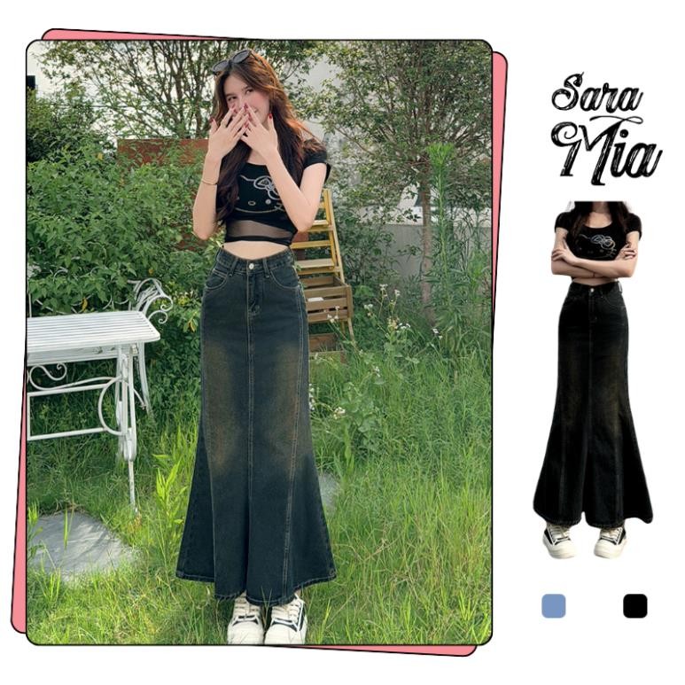 Chân váy đuôi cá TDS váy bò vải jean dài chữ A vải bò denim nữ đen xòe cạp cao che bụng V15