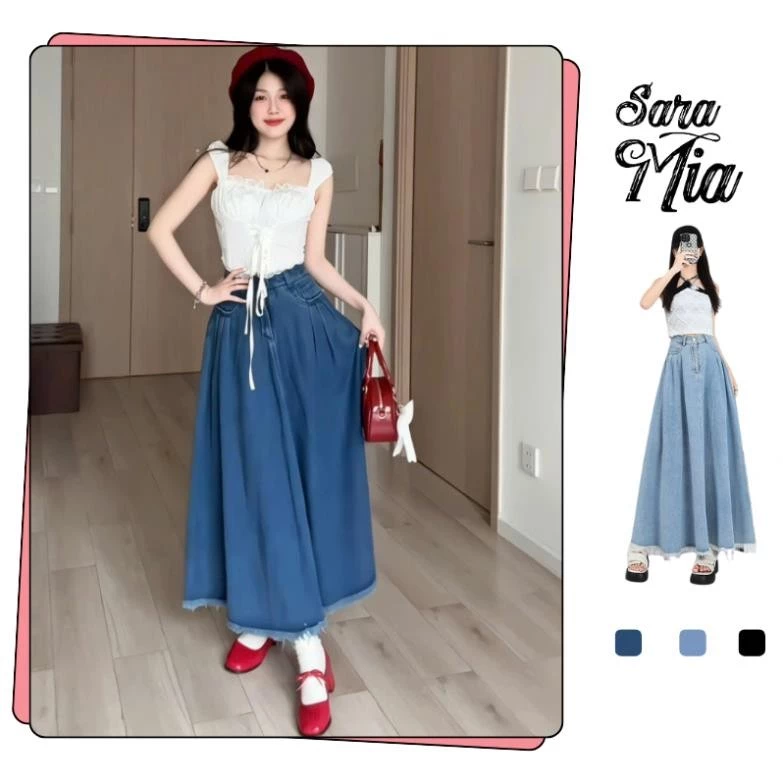 Chân váy jean xòe TDS dáng dài váy bò chữ A mặc tết cạp cao xếp ly nhẹ tua gấu V17