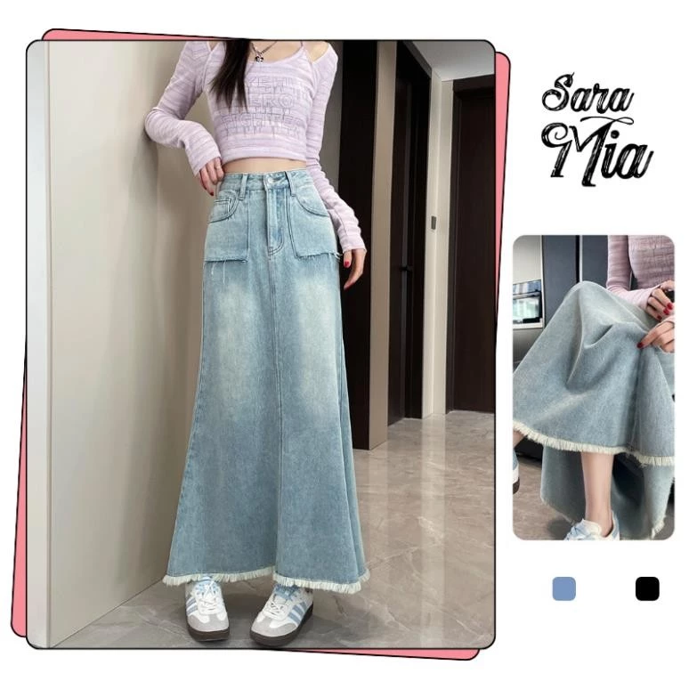 Chân váy dài TDS váy jean cạp cao công sở vải bò dáng chữ A dày dặn tua gấu V19
