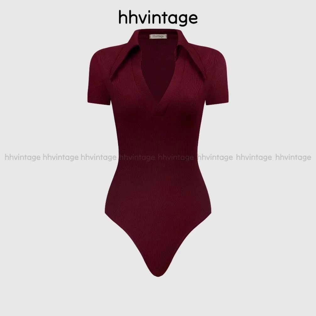 Áo bodysuite nữ polo cổ V Tay Ngắn chất thun tăm lụa dày dặn ôm body I TDS