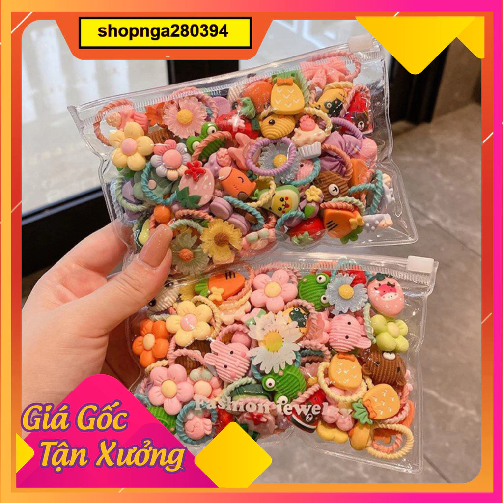 Bộ túi chun trang trí hình đáng yêu cho bé gái. Set chun buộc tóc xoắn co giãn, dễ thương và tiện lợi.