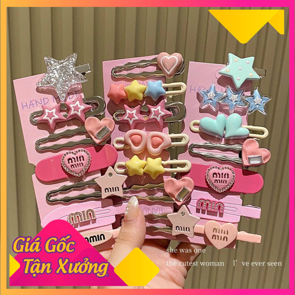 Set Kẹp Tóc Mái Hông Bộ 7 kẹp tóc hồng Min Min Dễ Thương Phong Cách Thời Trang 2023 Ngọt Ngào