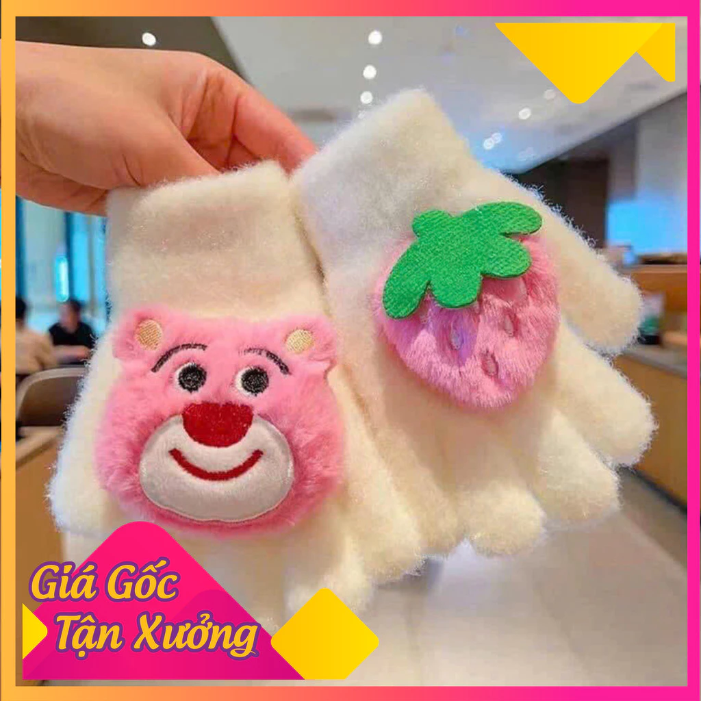 Gang tay hoạ tiết gấu dâu cho bé gái từ 2-5 tuổi cưng xỉu . Gang tay len dễ thượng cho bé gái