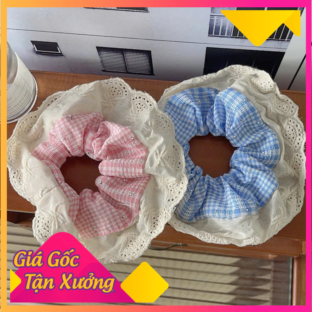 Dây buộc tóc kẻ pha ren chất liệu  mềm mịn cho bạn gái dễ thương