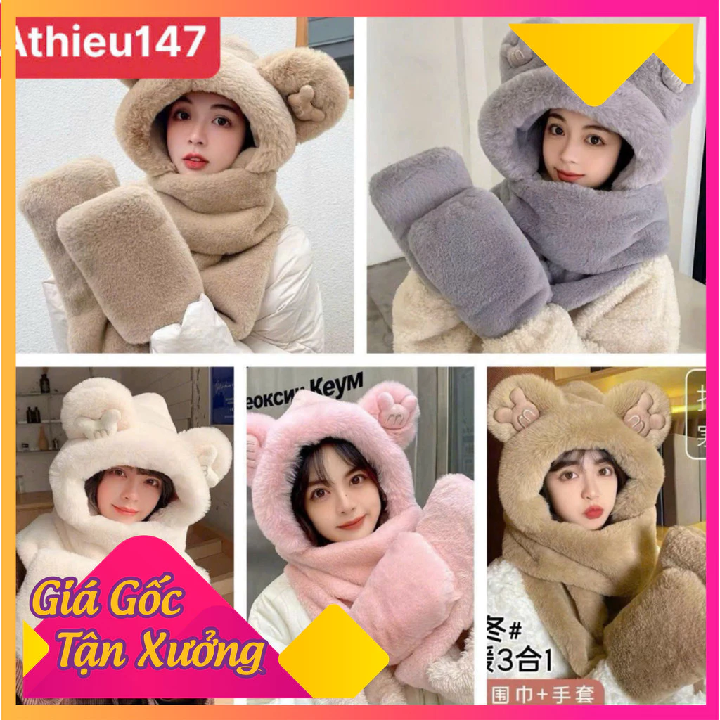 Mũ kèm khăn xỏ tay tai thỏ chữ M giữ ấm cho nữ( gửi hàng sau 1 ngày khi đặt )