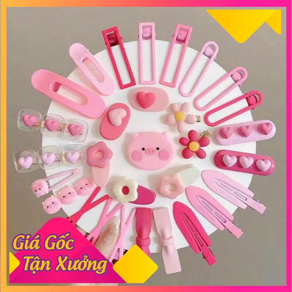 Sét 19 kẹp tóc hoạ tiết lợn hồng cho bé dễ thương không gỉ