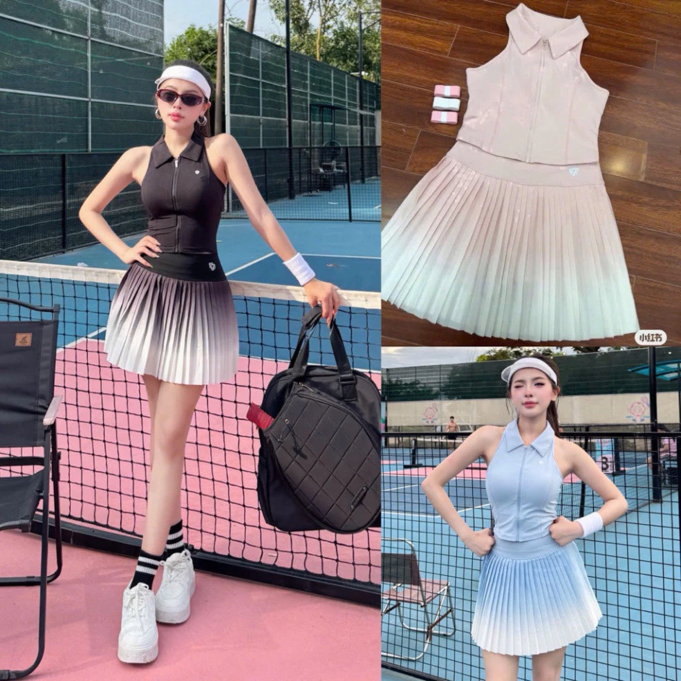 Bộ Đồ Tập Gym Áo Sát Nách Mút Đúc Kết Hợp Chân Váy Xếp Ly Loang, Thể Thao Tennis, Pickleball, Chất Polly QC-Winni Sport