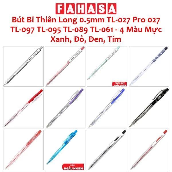 Bút Bi Thiên Long 0.5mm TL-027 Pro 027 TL-097 TL-095 TL-089 TL-061 - 4 Màu Mực Xanh, Đỏ, Đen, Tím