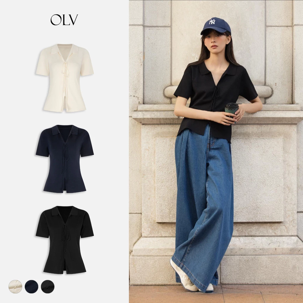 Áo kiểu OLV dệt kim tay ngắn buộc nơ Bexley nhiều màu trẻ trung phù hợp mọi dịp