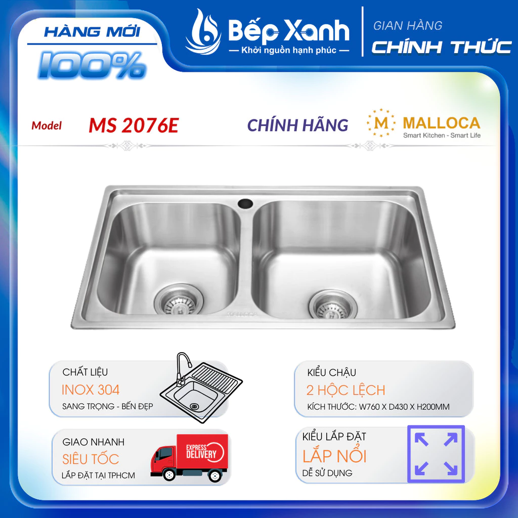 Chậu Rửa Chén Malloca MS 2076E - Inox 304 - Ngang 76cm