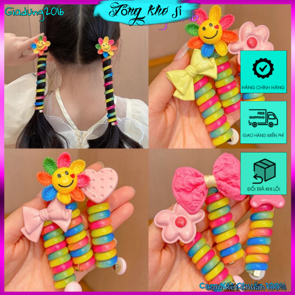 Chun cột tóc dạng lò xo xoắn tạo kiểu màu cầu vồng có đính hoa,Nơ dễ thương cho bé🌏FREE SHIP🌎Dây buộc tóc lò xo cho bé