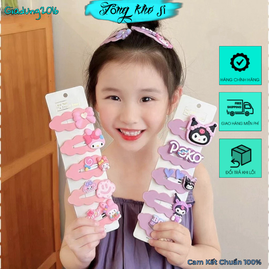 Vỉ 5 Kep Tóc Bé Gái Kuromi Hoạt Hình  Dễ Thương Thời Trang Mùa Hè 2024 🌏FREE SHIP🌎 Sét 5 Kẹp Tóc Mái Ngang Mèo Hồng Kute