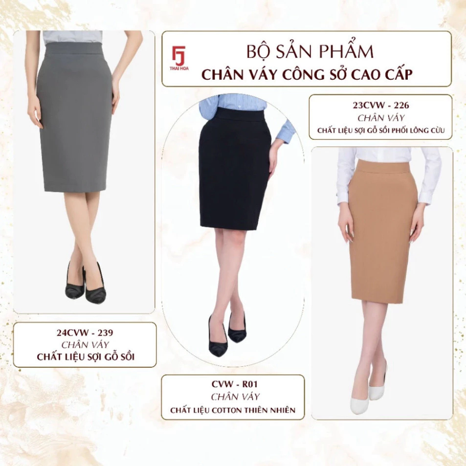 Bộ chân váy bút chì nữ dáng dài cơ bản Thái Hòa, gồm 1 lớp và 2 lớp thời trang (R01, 239, 226)