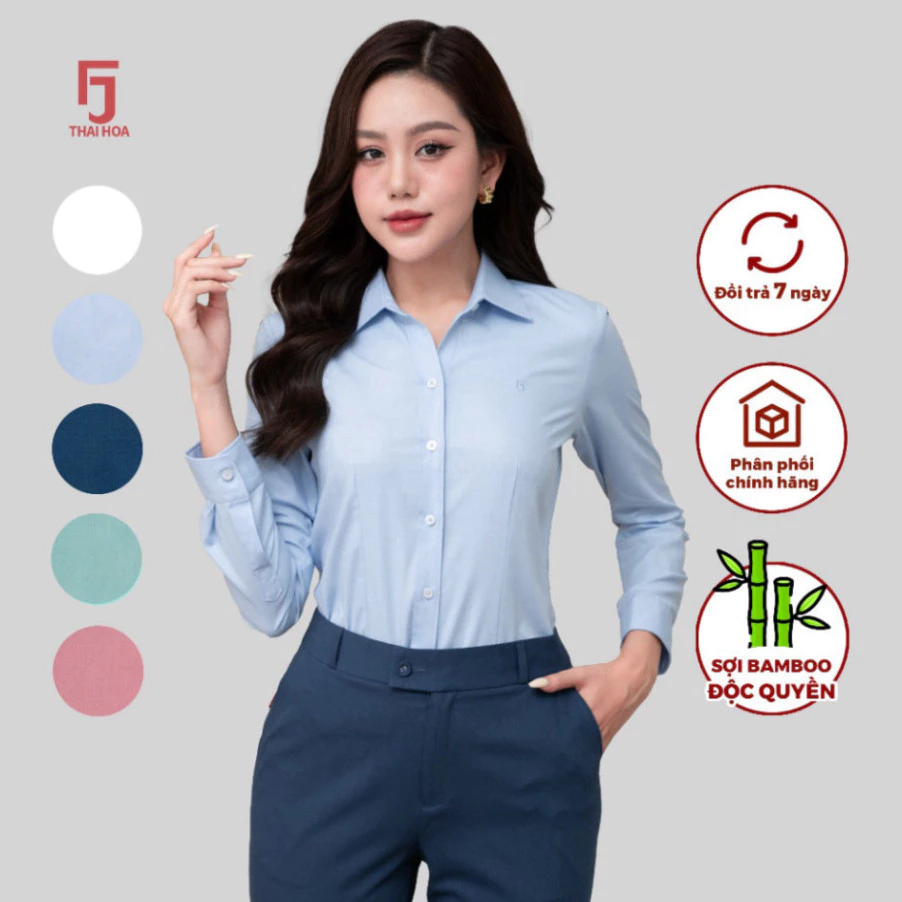 Bộ áo sơ mi nữ trơn R01, R10, R11 Thái Hòa từ sợi tre, cotton kết hợp váy bút chì thanh lịch