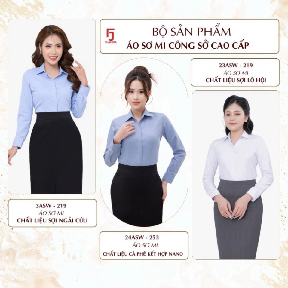 Bộ Sưu Tập Áo Sơ Mi Nữ Thái Hòa, Vải Ngải Cứu, Lô Hội, Cà Phê Họa Tiết Chìm, Thiết kế thanh lịch
