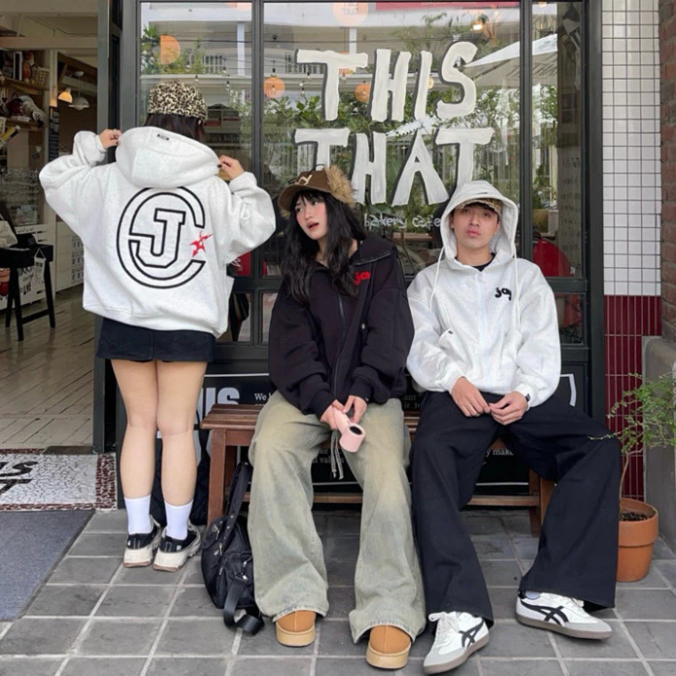 Áo khoác hoodie CJAY thêu xù nam nữ unisex - Mũ to, form Boxy, màu XÁM TIÊU, XÁM CHÌ, ĐEN.