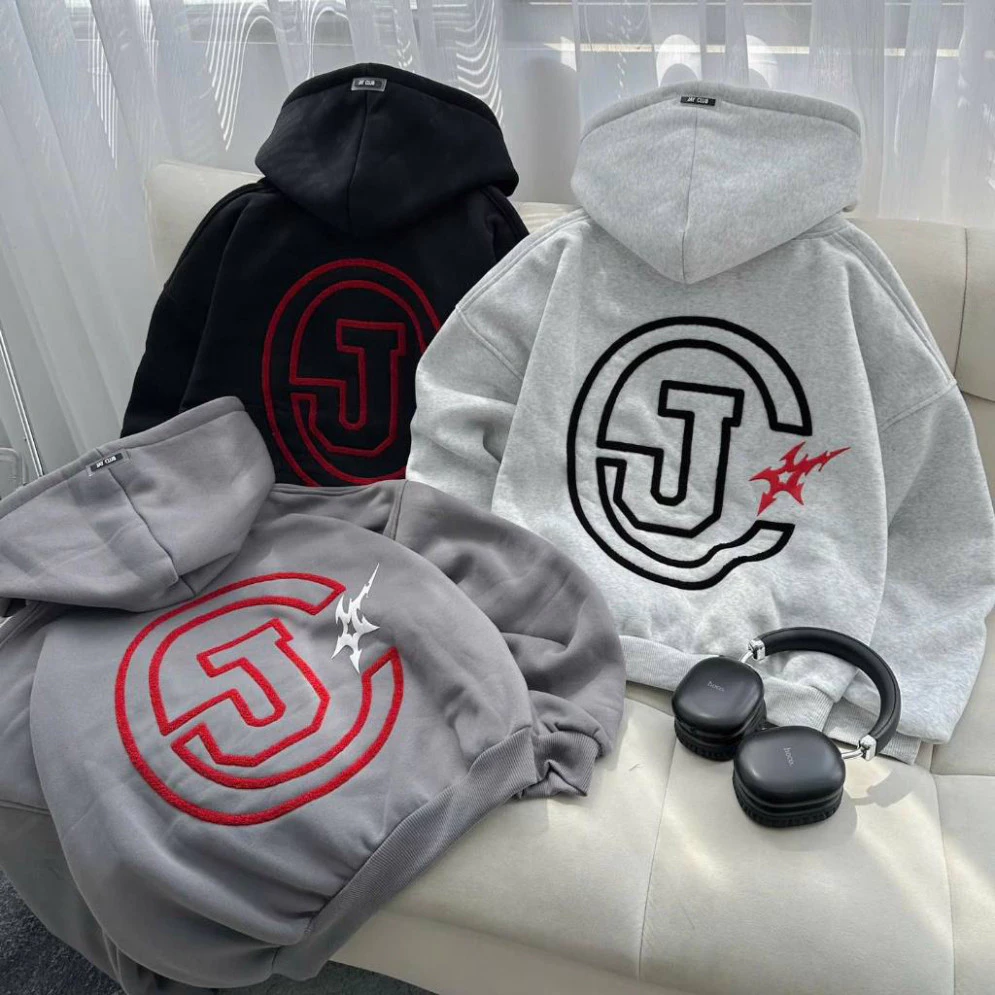 Áo hoodie thêu xù form Boxy rộng, mũ to unisex nam nữ màu xám chì, xám tiêu, đen - HOODIE CJAY.