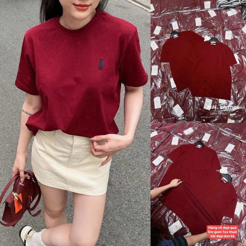 Áo Thun Nữ, Ao Phông Nữ Cổ Tròn Màu Đỏ Đô Thêu Ngựa Basic Chất Cotton Zip