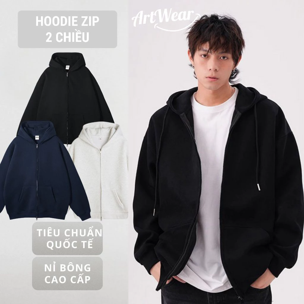 Áo Hoodie Zip 2 Chiều Trơn Nỉ Bông ArtWear – Áo khoác hoodie zip form rộng dày dặn có túi màu đen, xanh than, xám tiêu H