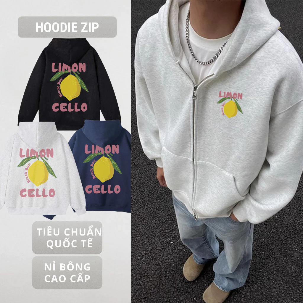 Áo Hoodie Zip Limon Cello nỉ bông ArtWear – Áo khoác hoodie zip form rộng dày dặn màu đen, xanh than, xám tiêu Hot Trend
