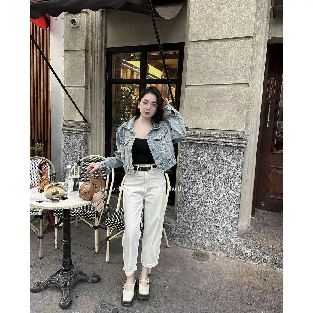 Quần Jean Baggy trắng nữ trơn Midori Shop, Quần Baggy jean nữ lưng cao co giãn Retro HL202