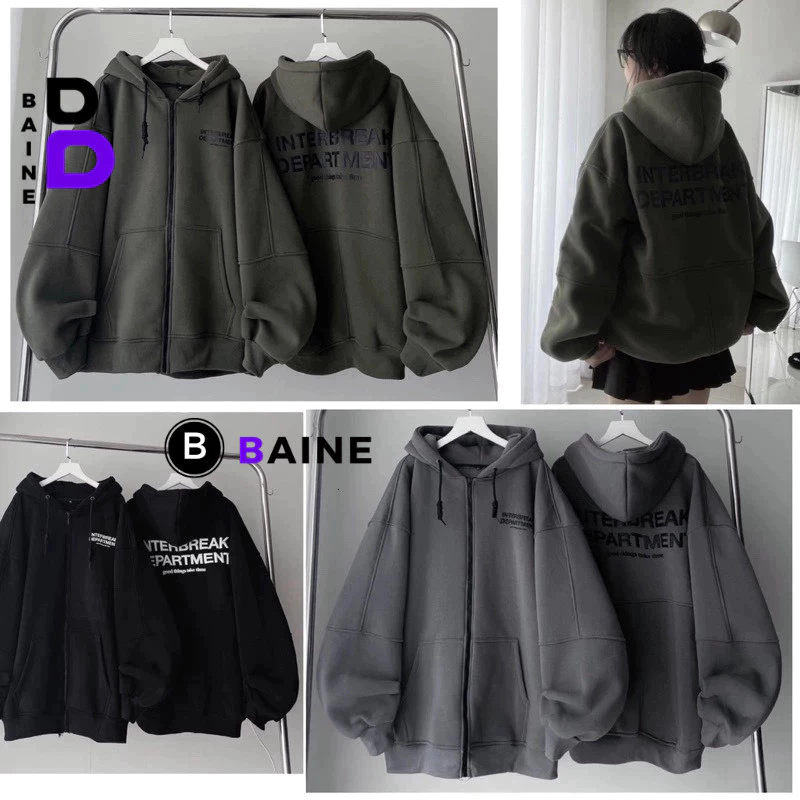 Áo Khoác INTER BREAK In Nổi Chất Nỉ Bông Dày Dặn KN19, Áo Hoodie Dây Kéo Zip Unisex Nam Nữ Form Rộng Nhiều Màu BAINE