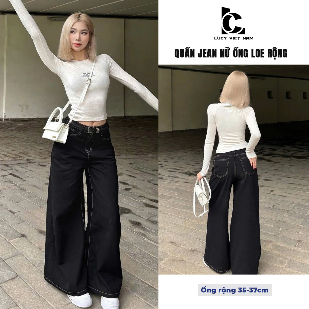 Quần Jean Ống Rộng Nữ Màu Đen Chỉ Nổi AVO AVOCADO Dáng Loe Rộng Lưng Cao Ống 35 –37cm Style Streetwear Hàn Quốc