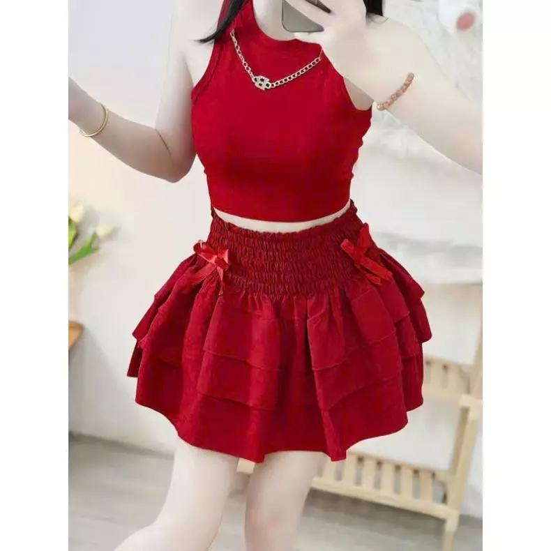 Chân váy 3 tầng xòe lưng chun đính nơ rất xinh có quần trong hình thật Hàng QC