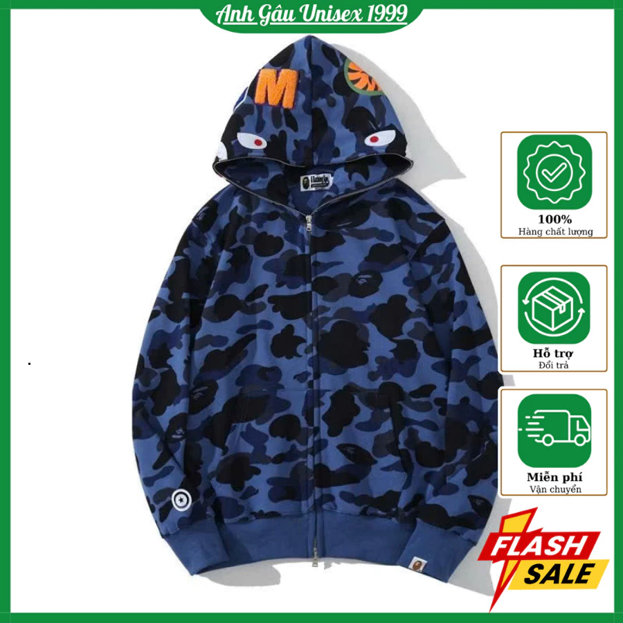 🔥TOP🔥 Áo BAPE có mũ hoodie cá mập Mùa Đông Cấp Cá Mập Khoác Zip Ấm Áp 2 Mũ