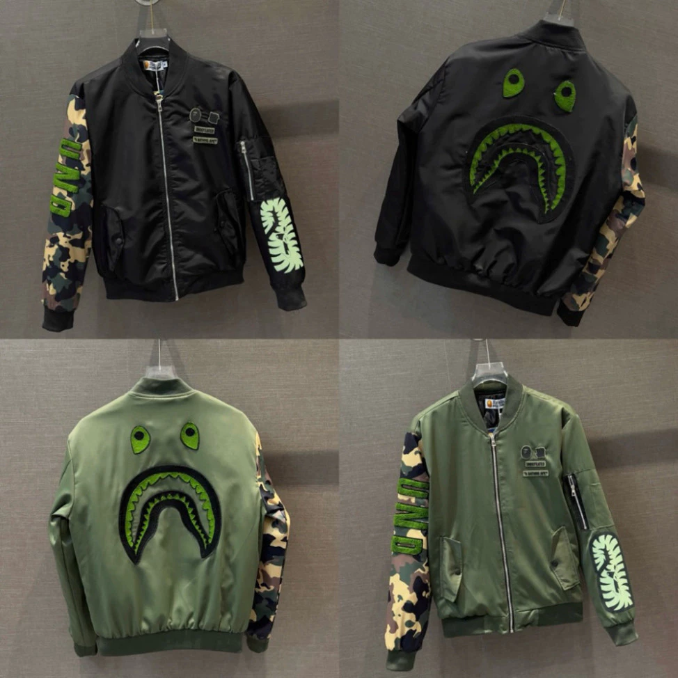 🔥TOP🔥 Áo Bomber bape cá mập  Unisex Thêu Logo Cao Su Mix Tay Loang Rắn Ri