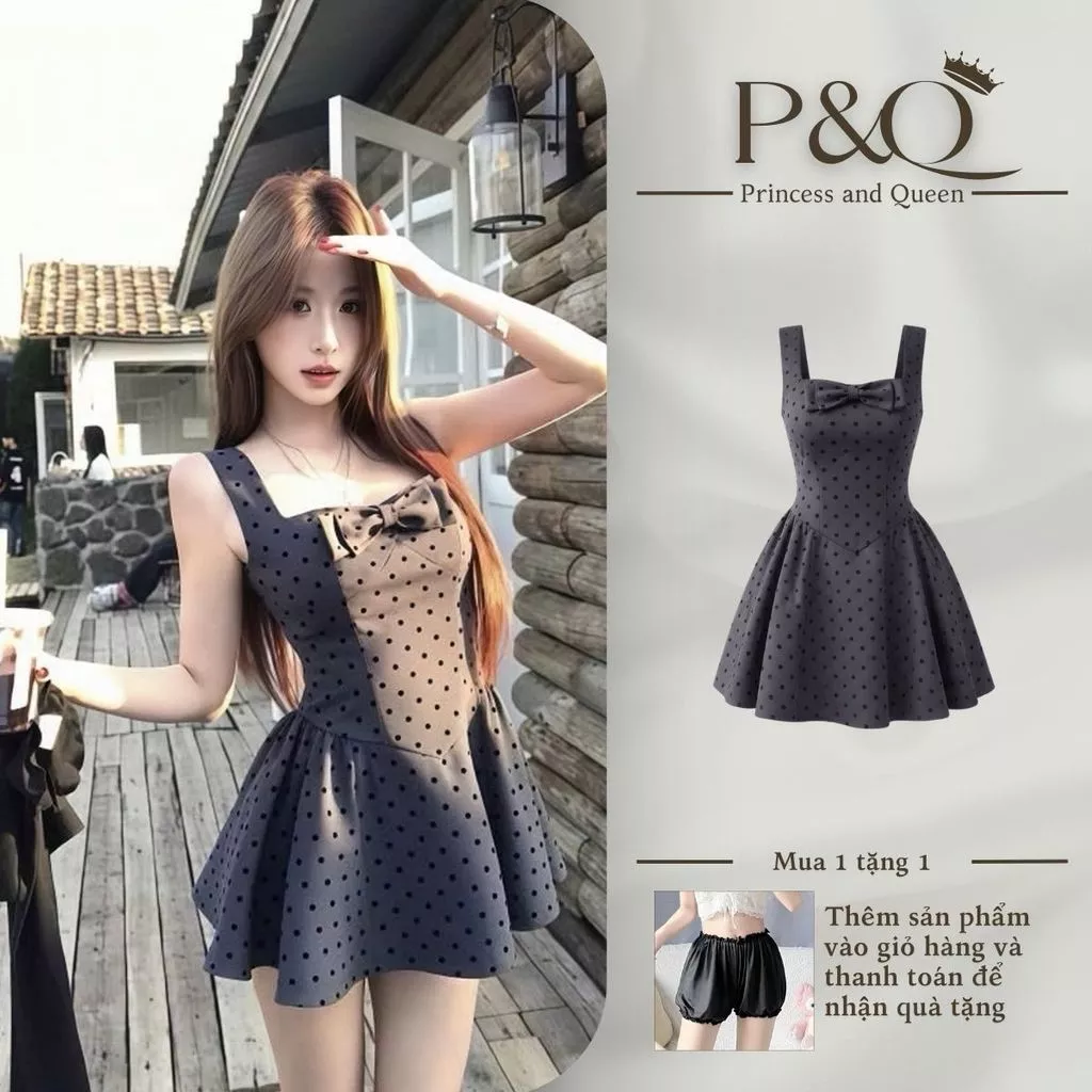 Đầm chấm bi P&Q cổ vuông thắt nơ dáng ngắn ngọt ngào quyến rũ đi chơi dự tiệc | vd0113