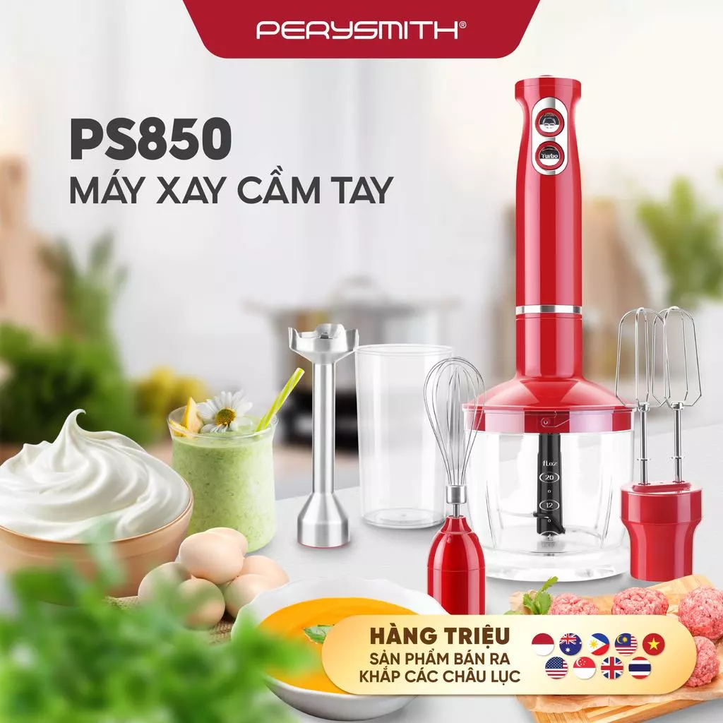 Máy Xay Đa Năng 5in1 PerySmith PS850 Công Suất Lớn Xay Sinh Tố Đánh Trứng Xay Thịt Cá Dễ Vệ Sinh