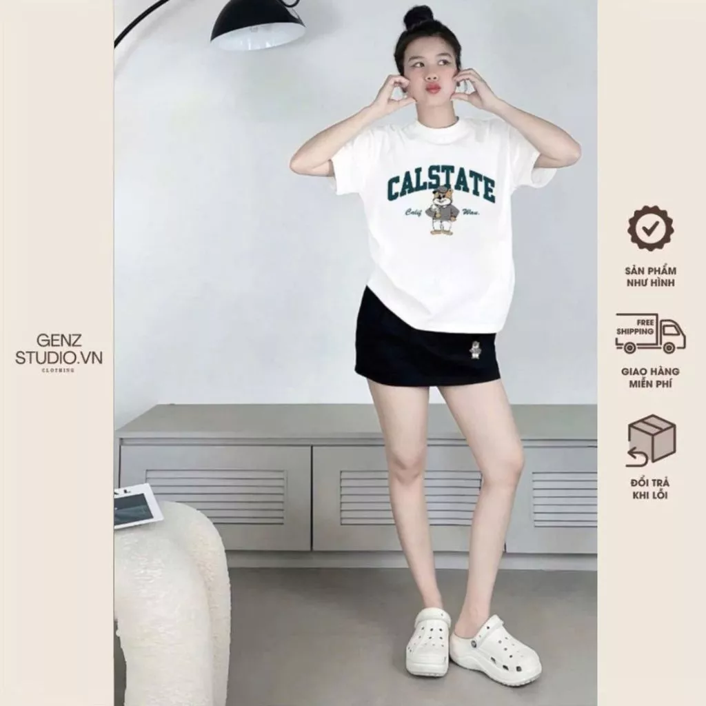 Set Áo Thun Trắng + Chân Váy Đen - Áo Phông Nữ Cổ Tròn, Tay Ngắn, Chất Cotton IN CALSTATE