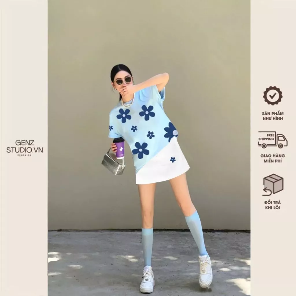 Set Bộ Áo Thun Nữ Form Rộng, Cổ Tròn, Phối Chân Váy Ngắn, In Hoa, Chất Cotton HOA XANH