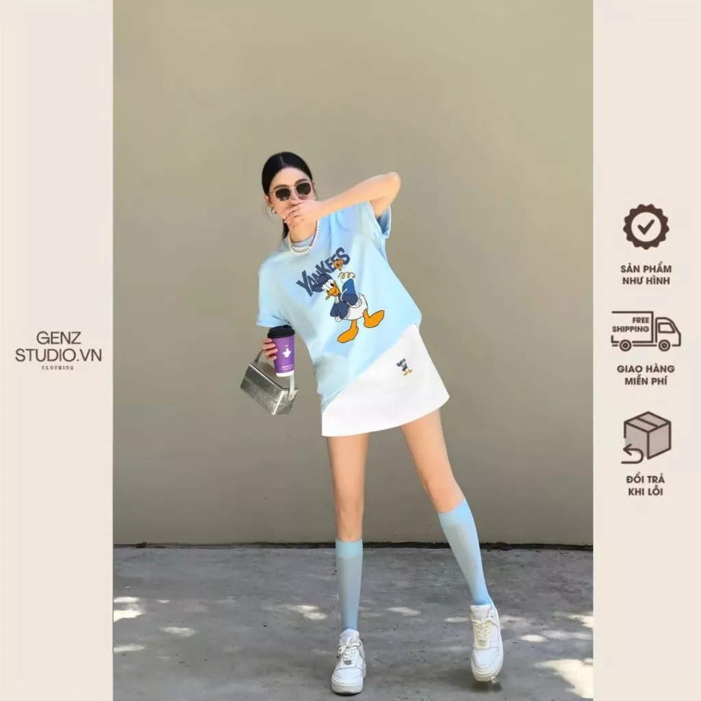 Set Bộ Áo Thun Nữ Form Rộng, Phối Chân Váy Ngắn, In Vit, Chất Cotton