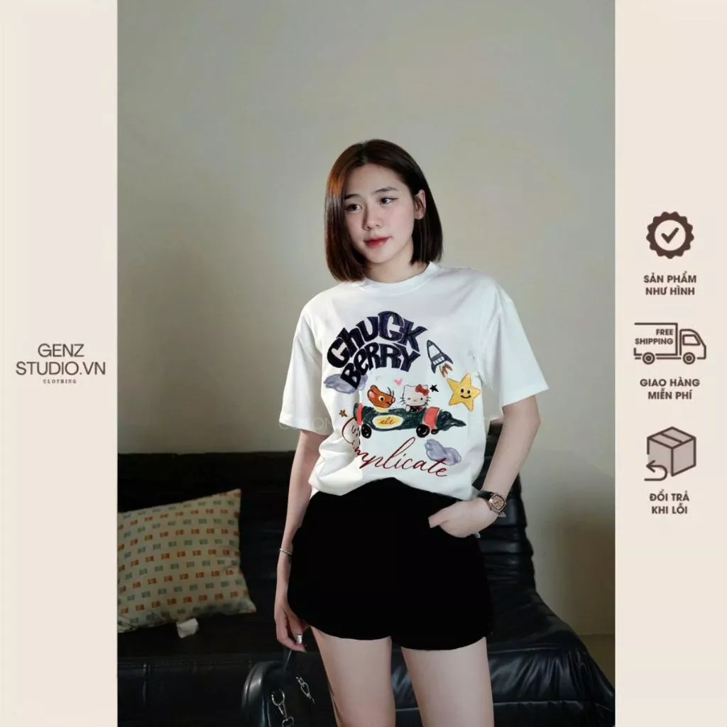 Set Áo Thun Trắng + Quần Đùi Đen - Áo Phông Nữ Cổ Tròn,Tay Ngắn,Chất Cotton IN KITTY VÀ SOC