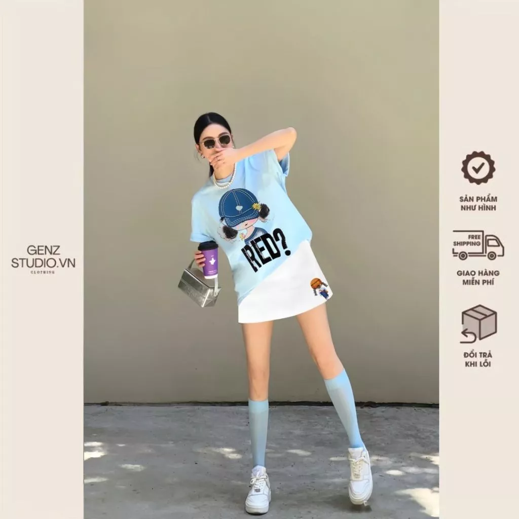 Set Bộ Áo Thun Nữ Form Rộng, Cổ Tròn, Phối Chân Váy Ngắn, Chất Cotton In Cô Gái Red