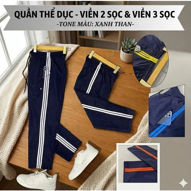 Quần Thể Dục Học Sinh,Sinh Viên Màu Xanh Than,Nam Nữ 2 Sọc - 3 Sọc Chuẩn mẫu Nhà Trường.