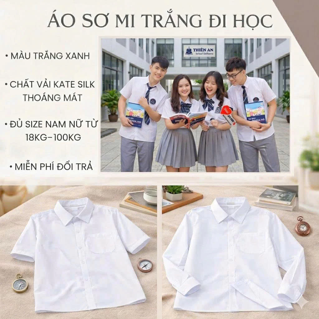 Áo Sơ Mi Trắng Học Sinh, Áo Trắng Đi Học Cộc Tay, Dài Tay Màu Trắng Xanh Dành Cho Nam Nữ Đủ Độ Tuổi Từ Lớp 1 Tới Lớp 12.